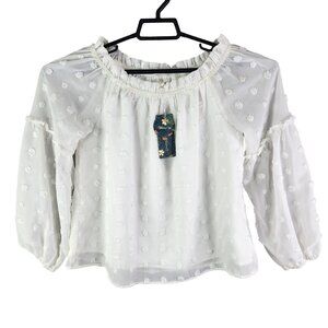 Womens Blooming Jelly White Polka Dot Chiffon Blouse Long Sleeve Off Shoulder S